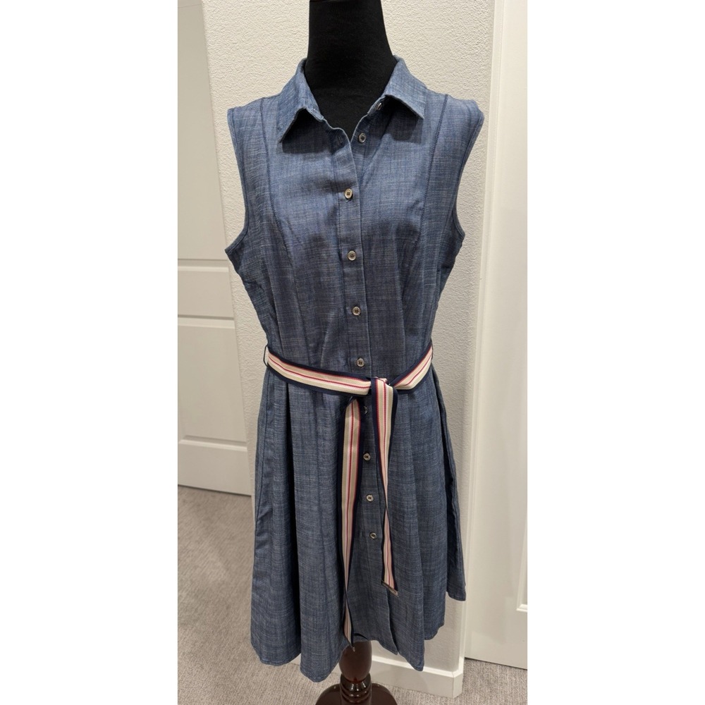 Tommy Hilfiger Blue Jean Denim Chambray Sleeveless Belted Dress 12 Preppy